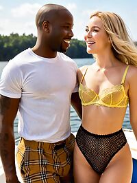 A dark skinned man looks terrified on a sunny day as he watches a 20 year old woman