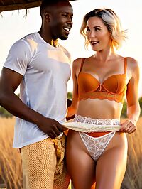 A black man excitedly flirts with a 32 year old woman amidst Botswanas breathtaking Okavango Delta sunset