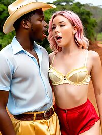 Black man standing next to a pink haired woman in the sunlit savannah of Lower Zambezi Zambia